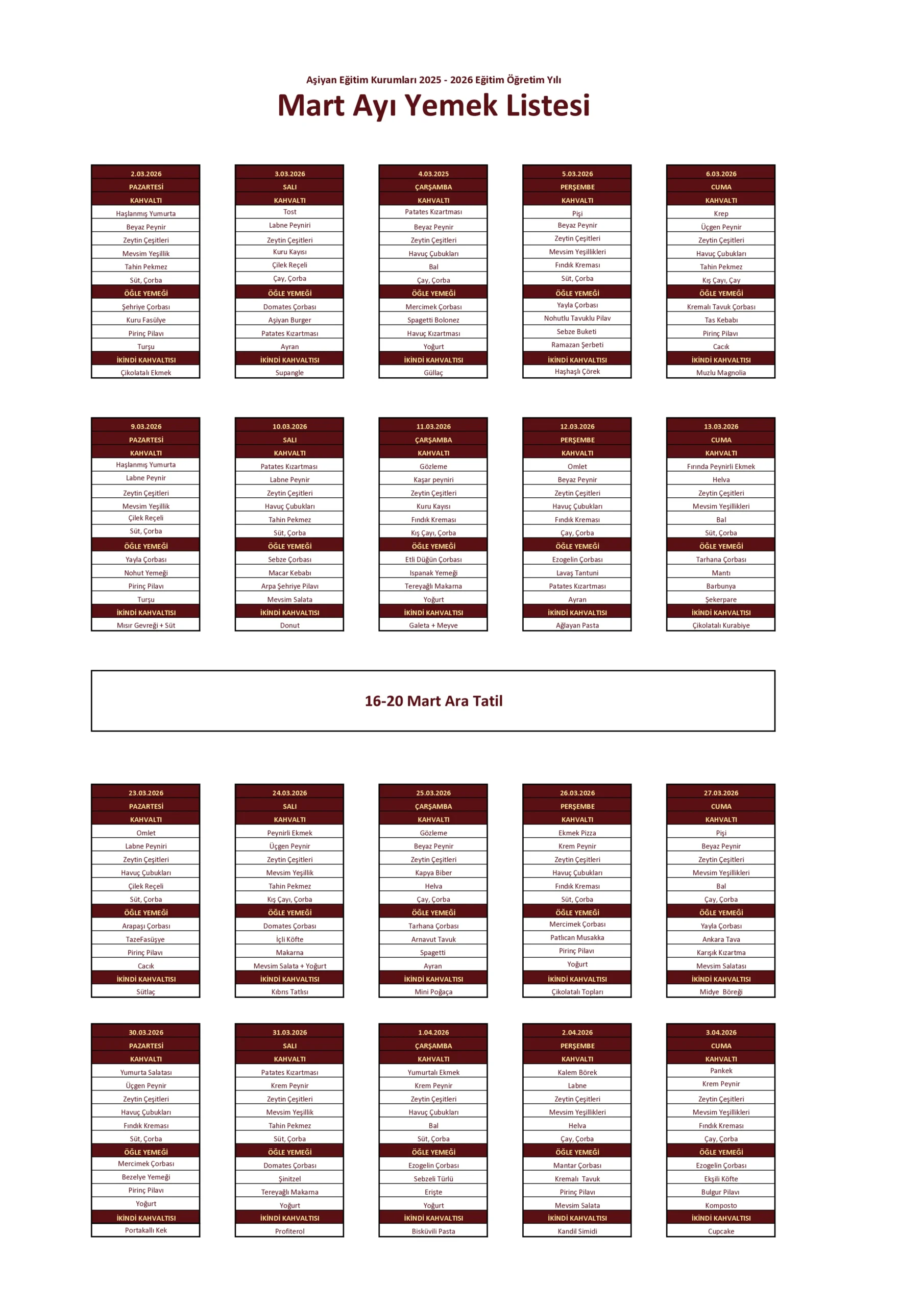 Kasım Ayı Yemek Listesi